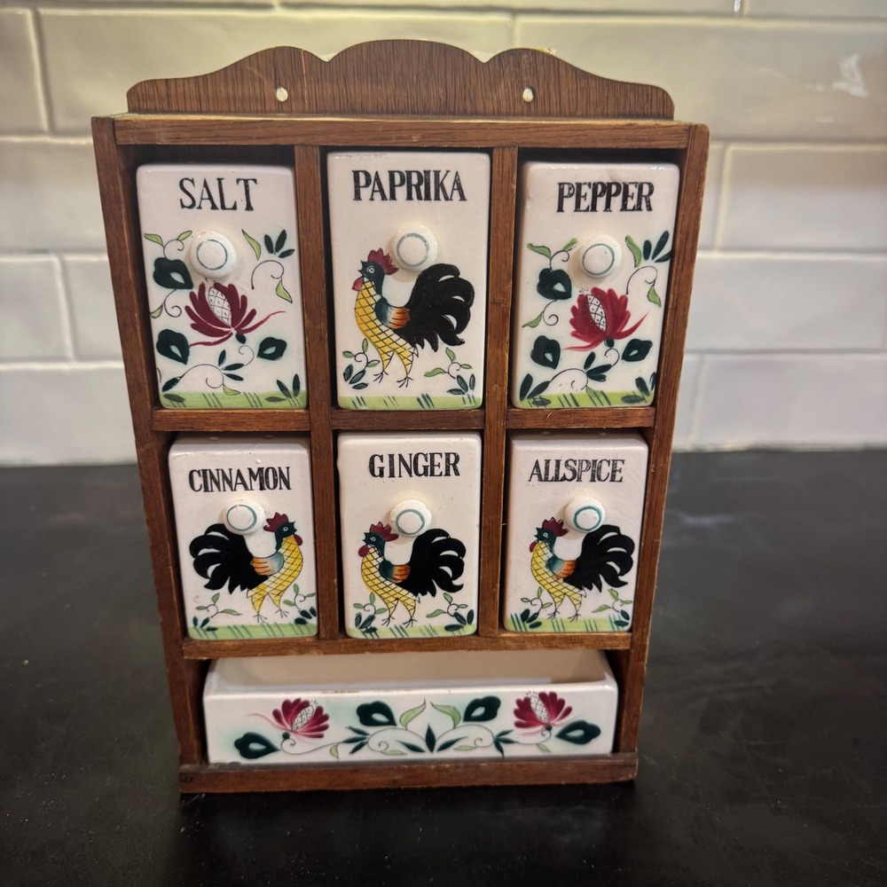 Royal Sealy Spice Rack Set Vintage White Rooster Hand Painted Japan Wood As Is
